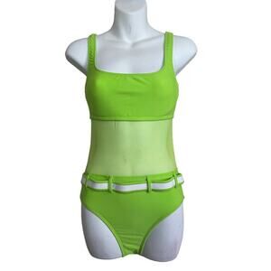 La Blanca by Rod Beattie Swimwear Neon Green Mesh Middie Belt One Piece Size 8